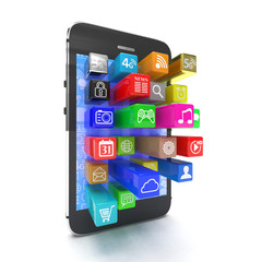 application software icons extruding from smartphone, isolated on white