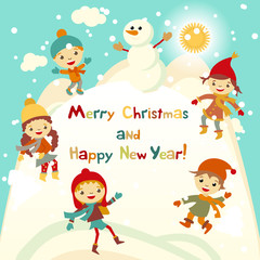 Shiny vector christmas background with funny snowman and children. Happy new year postcard design with boy and girl enjoying the holiday. Winter snow with bokeh effect. 2016 card