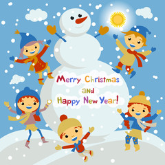 Shiny vector christmas background with funny snowman and children. Happy new year postcard design with boy and girl enjoying the holiday. Winter snow with bokeh effect. 2016 card