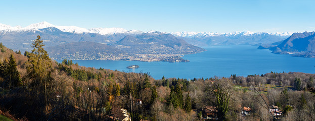 panorama of clear blue wide Lake -  Varese,  Lombardy, Italy