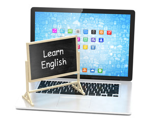  Laptop with chalkboard, learn english, online education concept