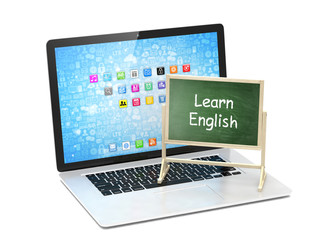  Laptop with chalkboard, learn english, online education concept