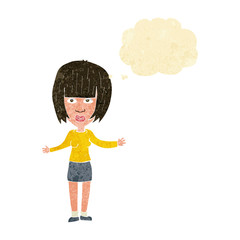 cartoon woman shrugging shoulders with thought bubble