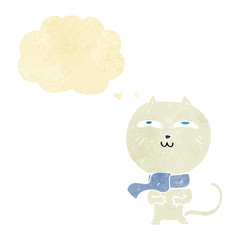 cartoon funny cat wearing scarf with thought bubble