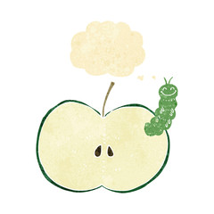 cartoon bug eating apple with thought bubble