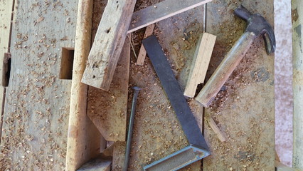 hammer,square and wood