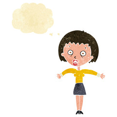 cartoon woman shrugging shoulders with thought bubble