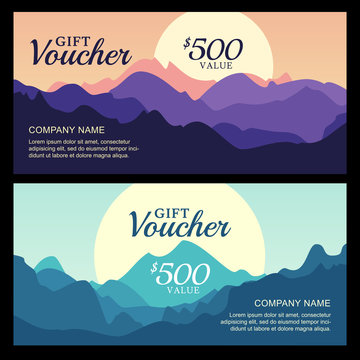 Vector gift voucher with mountain landscape view.