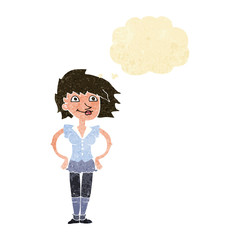 cartoon woman with hands on hips with thought bubble