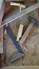 hammer,square and wood