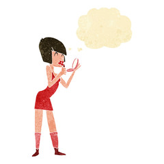 cartoon woman applying lipstick with thought bubble