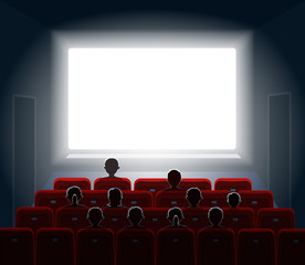 People watching movie at cinema hall.  Film screen,  show or concert. Vector illustration