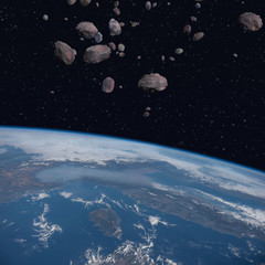 Asteroids orbit close to the planet Earth - 3D Scene. Elements of this image furnished by NASA.