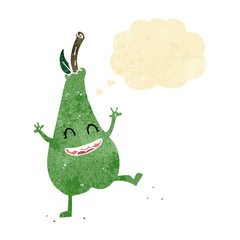 cartoon happy dancing pear with thought bubble