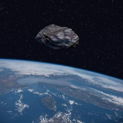 Asteroid orbit close to the planet Earth - 3D Scene. Elements of this image furnished by NASA.