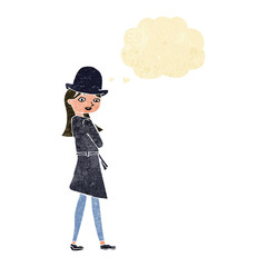 cartoon female spy with thought bubble