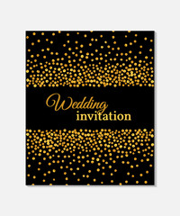 Wedding invitation card with falling golden dots on black background. Vector template. You can use it for invitation, flyer, postcard, greeting card, banner etc.