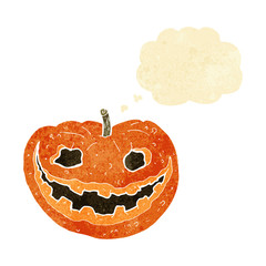 cartoon spooky pumpkin with thought bubble