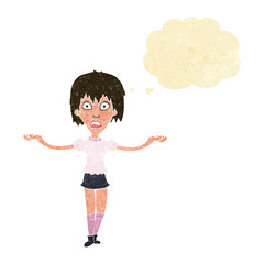 cartoon woman shrugging shoulders with thought bubble