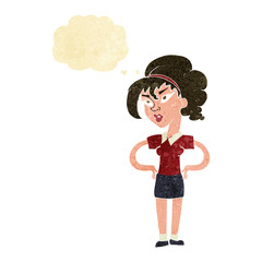 cartoon woman with hands on hips with thought bubble