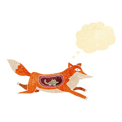 cartoon fox with mouse in belly with thought bubble