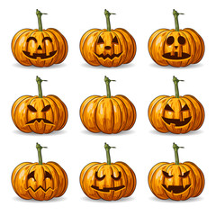 vector set of nine Halloween pumpkin faces