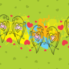 Obraz premium Seamless pattern with dotted parrots and hearts on the colorful blots background