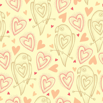 Seamless pattern with dotted parrots in pastel beige and hearts