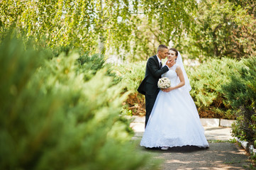 young happy wedding couple on the green park