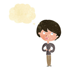 cartoon woman making Who Me? gesture with thought bubble