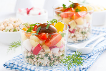 fresh vegetable salad with cottage cheese in a glass