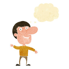 cartoon waving man with thought bubble