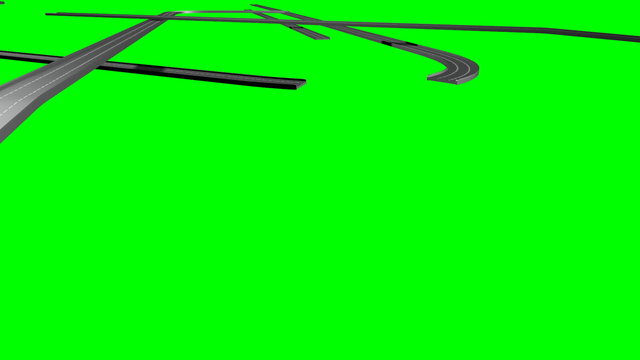 An animation of a group or overlapping and twisted roads growing into the screen on a green screen background