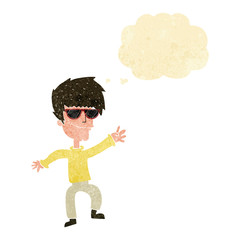 cartoon waving cool guy with thought bubble