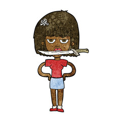 cartoon woman with knife between teeth
