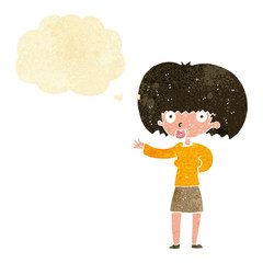 cartoon woman gesturing with thought bubble