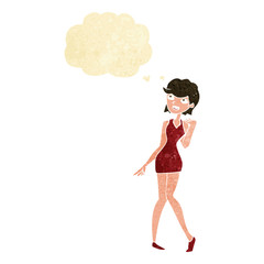 cartoon woman in cocktail dress with thought bubble
