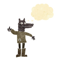 cartoon wolf man with thought bubble