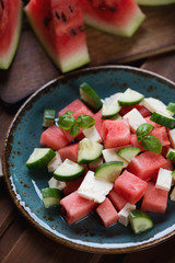 Salad with fresh watermelon, cucumber and bryndza cheese