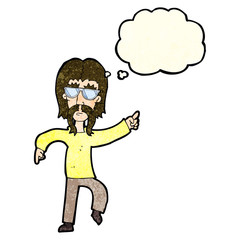 cartoon hippie man wearing glasses with thought bubble
