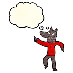 cartoon wolf man with thought bubble