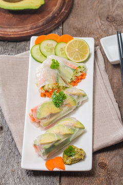 Spring rolls with vegetables and avocado