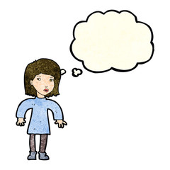 cartoon cautious woman with thought bubble