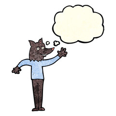 cartoon waving wolf man with thought bubble