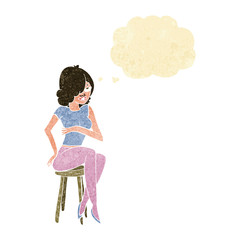 cartoon woman sitting on bar stool with thought bubble