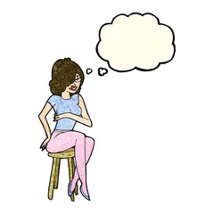 cartoon woman sitting on bar stool with thought bubble