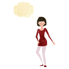 cartoon woman in dress with thought bubble