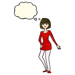 cartoon woman in dress with thought bubble