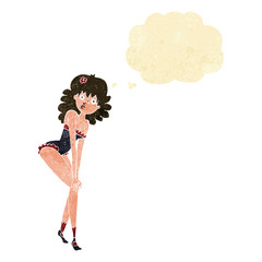 cartoon woman in lingerie with thought bubble