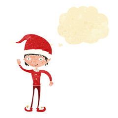 Fototapeta na wymiar cartoon waving christmas elf with thought bubble